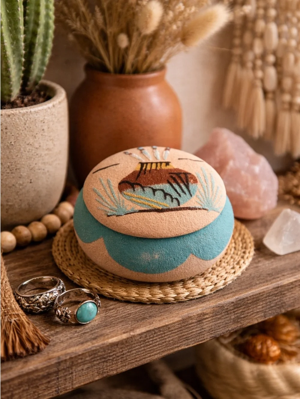 Southwestern Sand Painted Trinket Box Lidded Pottery Desert Scene
